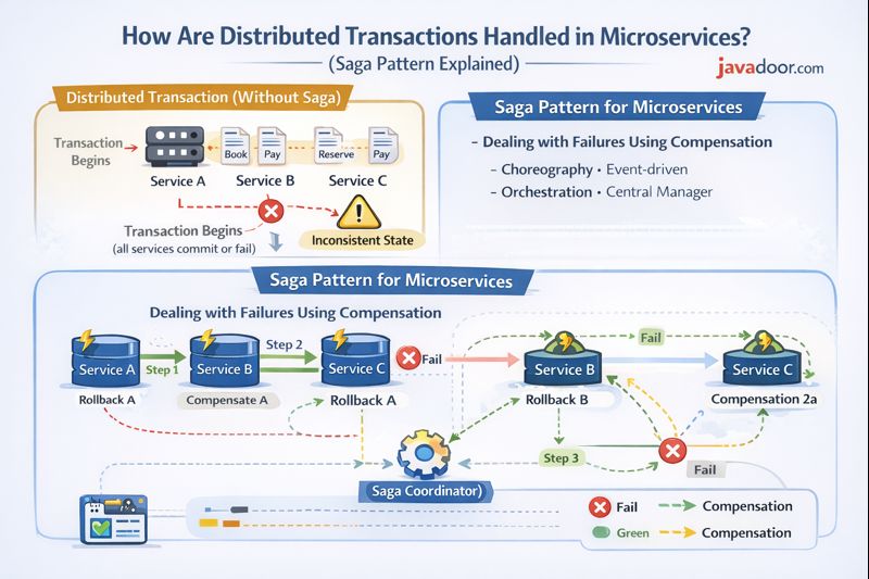 How are Distributed Transactions handled in Microservices? (Saga Pattern)